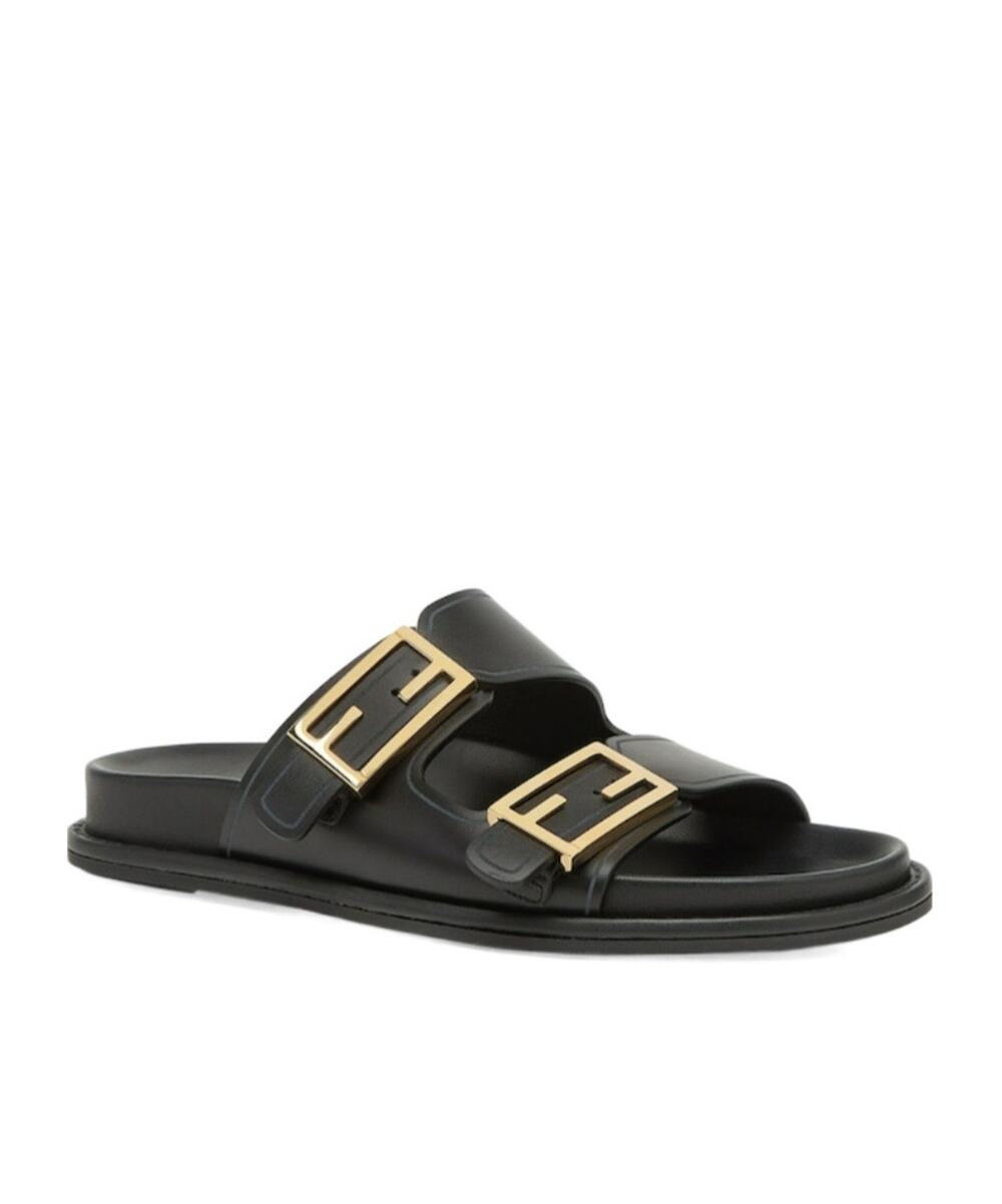 Fendi Feel Double Strap Buckle Black Leather Slides BNIB 37